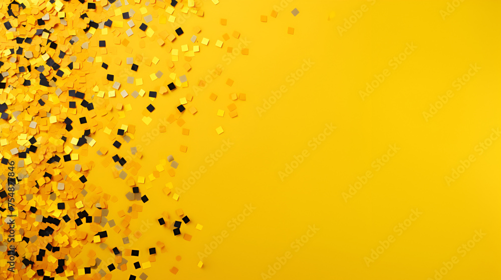Golden confetti on a yellow background. Illustration of a drop of shiny particles. Decorative element for design,Abstract background with many falling golden tiny confetti pieces
 - obrazy, fototapety, plakaty 