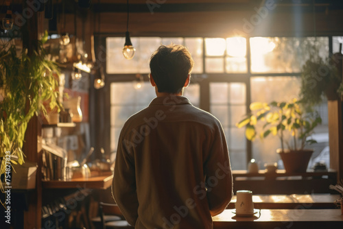 男性, 男性の後ろ姿, カフェ, カフェでくつろぐ男性, 休憩, male, male back view, cafe, men relaxing in cafe, rest