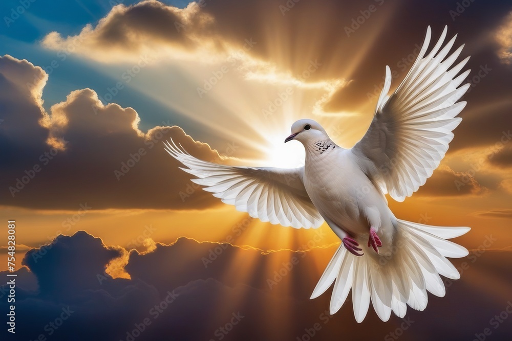 Obraz premium white dove flying on sky in beautiful sunset light for freedom concept