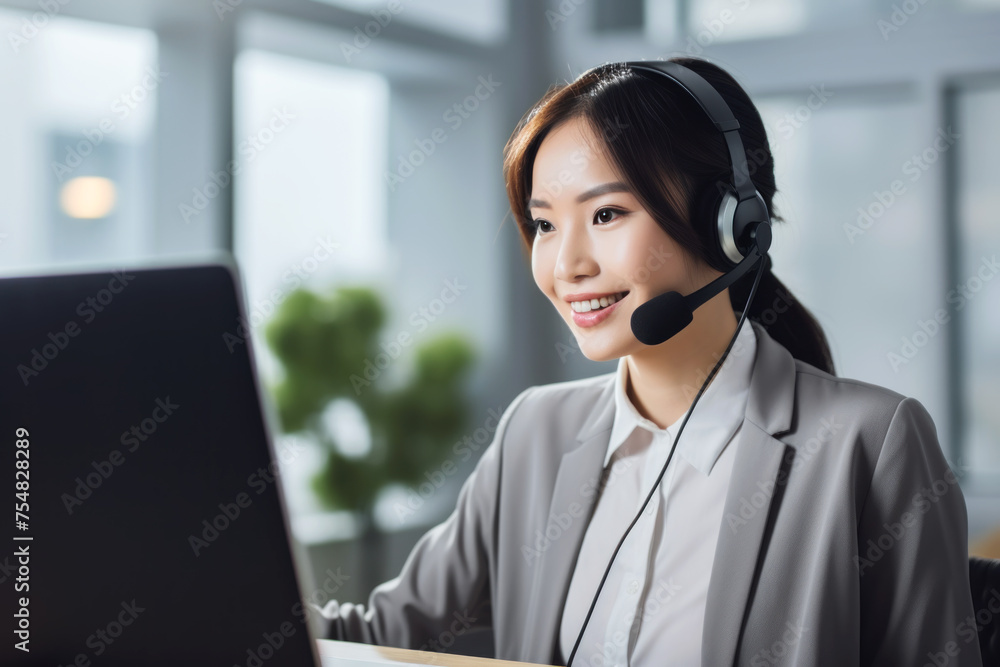 Asian female using laptop with a headset for communication Asian female using laptop with a headset for communication