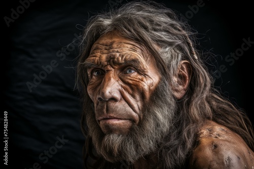 Ancestral Neanderthal man face portrait. History ancient museum early era. Generate Ai