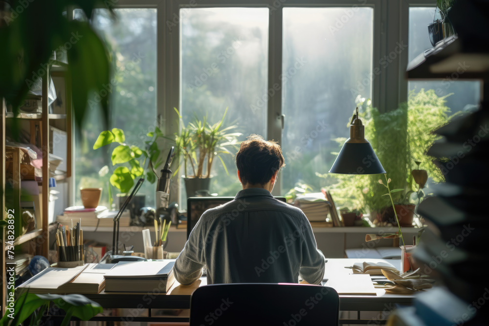 男性, 男性の後ろ姿, デスク, 仕事, 勉強, 仕事をする男性, パソコン, Male, Male Back View, Desk, Work, Study, Working Man, Computer 男性, 男性の後ろ姿, デスク, 仕事, 勉強, 仕事をする男性, パソコン, Male, Male Back View, Desk, Work, Study, Working Man, Computer