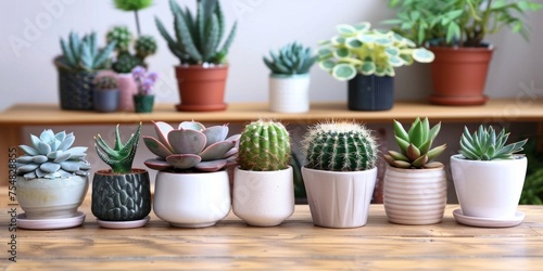 An assortment of potted cacti and succulents displayed neatly on a wooden table indoors. © tashechka