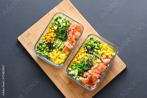 Multicolored poke bowl with salmon