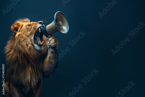 Schöner Löwe mit Megafon als Cartoons mit Platzhalter, ai generativ photo