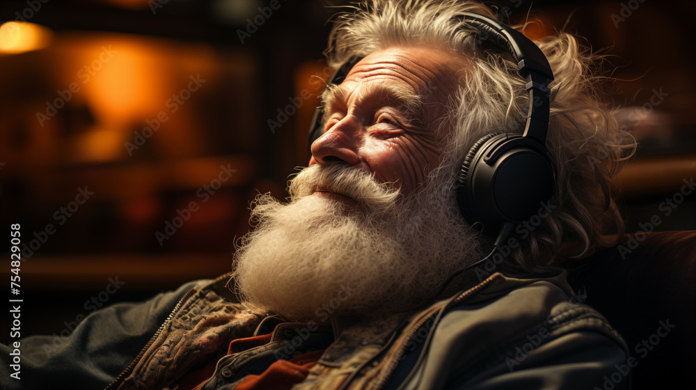Obraz premium Elderly bearded man enjoying music with headphones, warm ambient lighting.