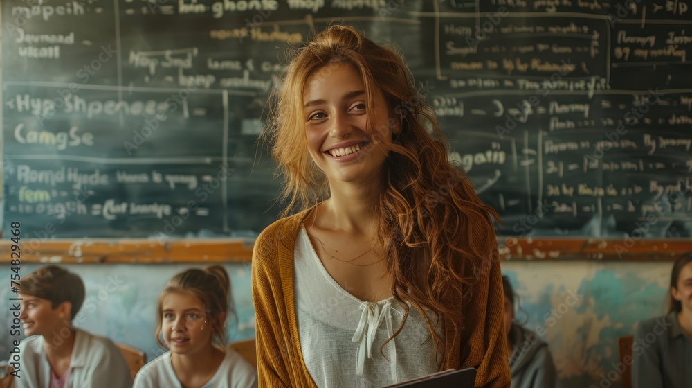 A beautiful female teacher smiles happily standing in front of the blackboard in the classroom A beautiful female teacher smiles happily standing in front of the blackboard in the classroom