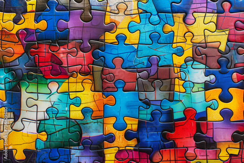 Background of a puzzle pattern with diverse, colorful pieces
