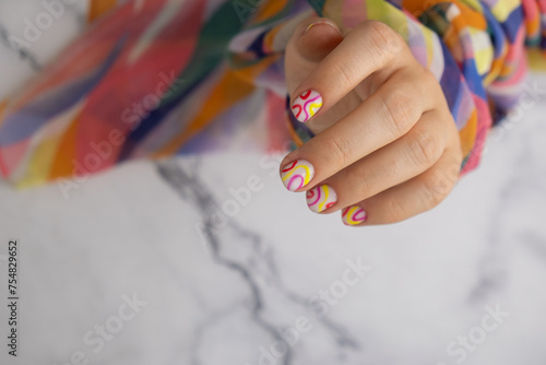 Wallpaper Mural Pastel softness colorful manicured nails. Woman showing her new summer manicure in colors of pastel palette. Simplicity decor fresh spring vibes earth-colored neutral tones Torontodigital.ca