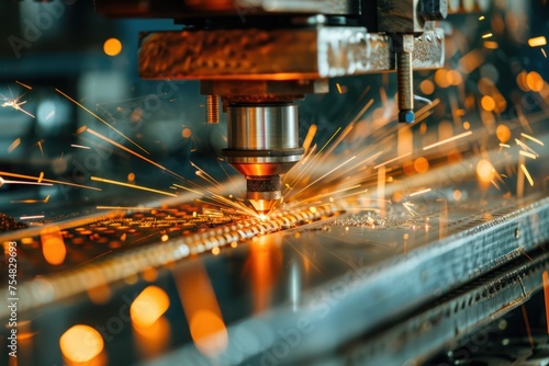 CNC Laser cutting of metal, modern industrial technology Making Industrial Details. The laser optics and CNC (computer numerical control) are used to direct the material
