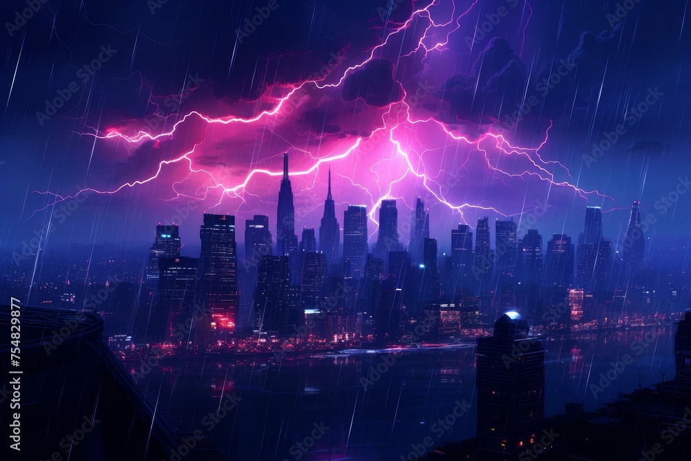 Futuristic Neon city thunder. Future night street. Generate Ai