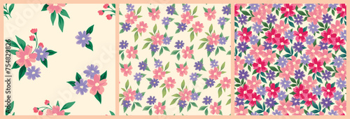 Seamless floral pattern, pretty liberty ditsy print of tiny hand drawn flora. Collection of botanical design: small spring flowers, leaves, romantic bouquets on a light background. Vector illustration