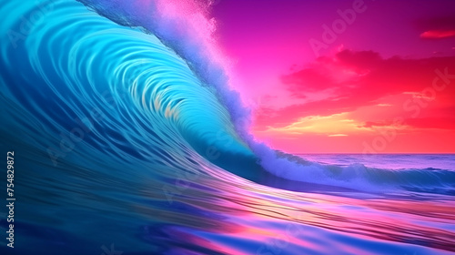 Glowing neon sea wave abstract background. Horizontal travel poster. Sunset or sunrise seascape. Digital artwork raster bitmap illustration. Purple, pink and blue colors. AI artwork.