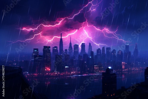 Futuristic Neon city thunder. Future night street. Generate Ai photo