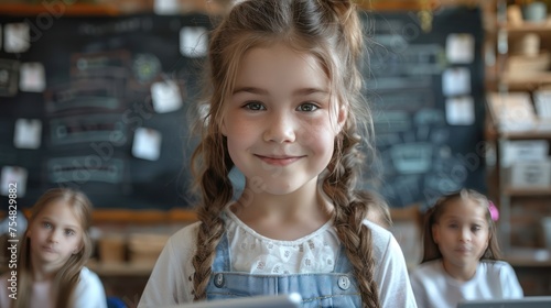 Happy smiling school girl 7-8 years old Standing in front of the classroom reading her research on a tablet, blackboard in the background