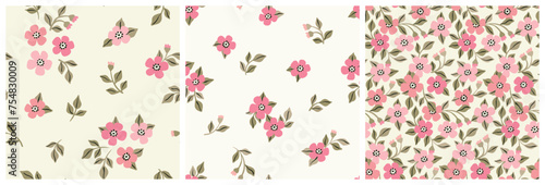Seamless floral pattern, romantic liberty ditsy print of mini pink flowers. Botanical design collection, abstract ornament: small cute hand drawn flowers, leaves on white surface. Vector illustration.