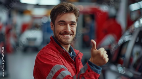 Portrait of happy smiling young man Workers give Thumbs up, changing a car tire in new modern repair Shop