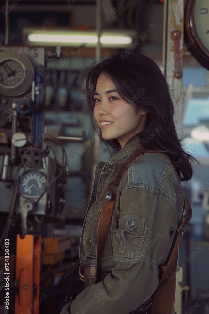 a asian female Mechanic, standing in front of a Mechanic shop,holding a wrench smiling, vintage photo
