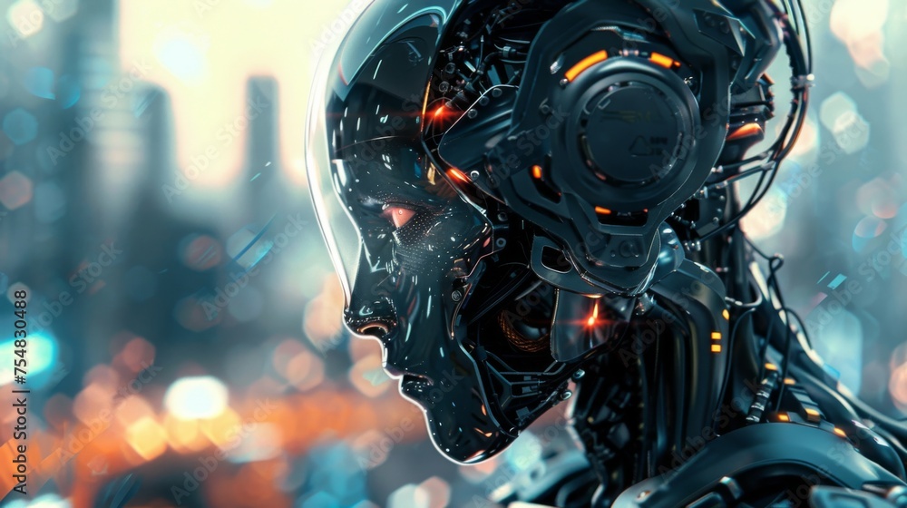 Ai robot, red eye and transparent helmet, sci-fi, generated with AI Ai robot, red eye and transparent helmet, sci-fi, generated with AI