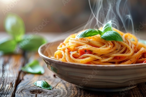 A steaming bowl of spaghetti with rich tomato sauce and fresh basil leaves on top  set on a rustic wooden table  natural light streaming from the side  creating a warm  inviting at  generated with AI