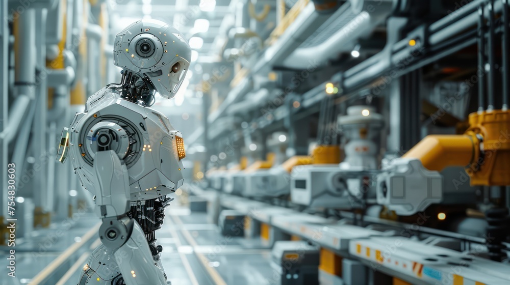 The robot standing on platforms in a Nuclear industrial factory with machinery The robot standing on platforms in a Nuclear industrial factory with machinery