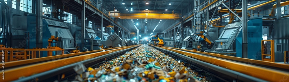 Show an advanced recycling facility where materials are sorted and processed by robots