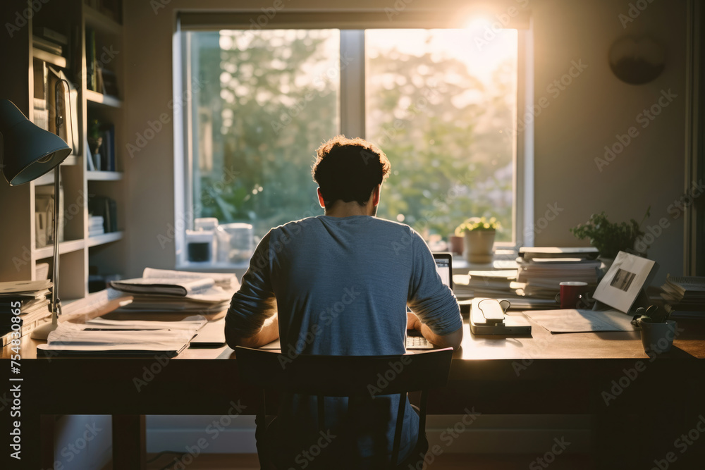 男性, 男性の後ろ姿, デスク, 仕事, 勉強, 仕事をする男性, Male, Male Back View, Desk, Work, Study, Working Man 男性, 男性の後ろ姿, デスク, 仕事, 勉強, 仕事をする男性, Male, Male Back View, Desk, Work, Study, Working Man