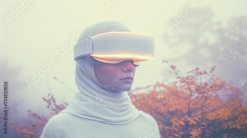Close-up minimalist photo of woman wearing white vr headset, troubadour style, white and olive colors, generated with AI photo