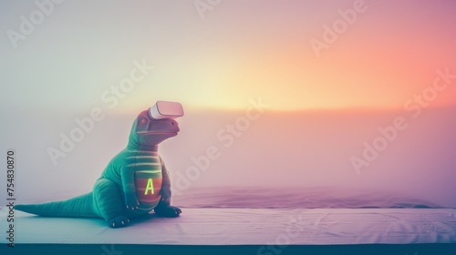 Close-up minimalist photo of dinosaur wearing white vr headset, troubadour style, white and olive colors, generated with AI