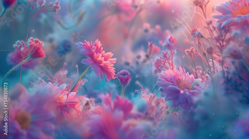 Tender and bright colorful field flowers background. Morning light, mist and soft bokeh effect meadow wallpaper. Artistic summer spring floral botanical photography concept.