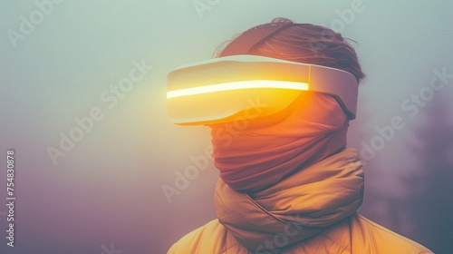 Close-up minimalist photo of person wearing white vr headset, troubadour style, white and olive colors, generated with AI