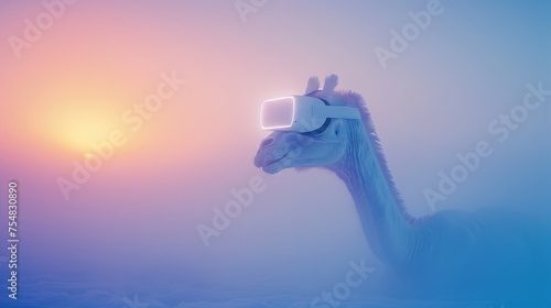 Close-up minimalist photo of dinosaur wearing white vr headset, troubadour style, white and olive colors, generated with AI
