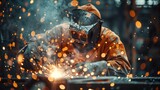 Worker with a protective mask Welding metal in factory with many sharp Sparks flying in the air