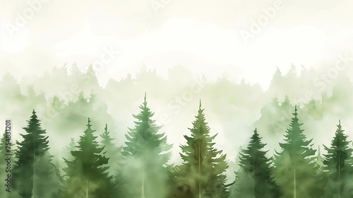 Beautiful nature watercolor picture of pine trees. © Gun