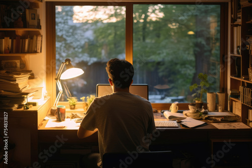 男性, 男性の後ろ姿, デスク, 仕事, 勉強, 仕事をする男性, パソコン, Male, Male Back View, Desk, Work, Study, Working Man, Computer