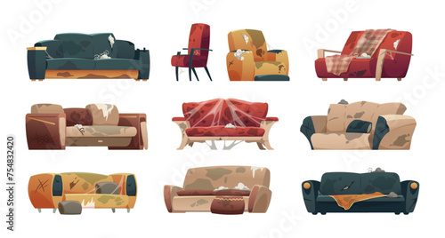 Dirty broken couches. Cartoon old torn sofa with spring damage and spider web, broken furniture for home and office. Vector isolated set © Tartila