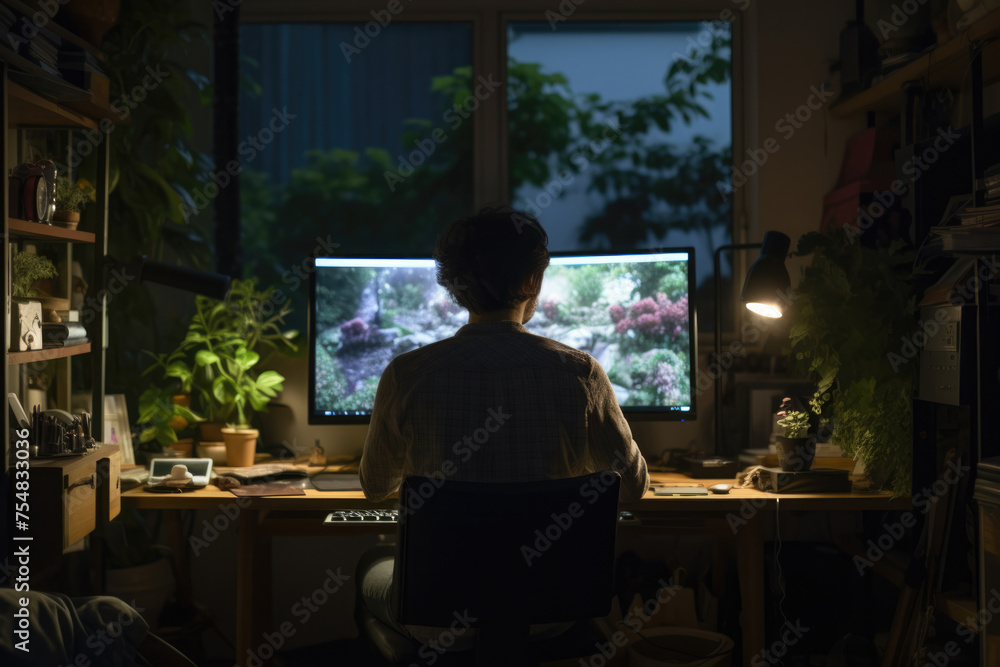 男性, 男性の後ろ姿, デスク, 仕事, 勉強, 仕事をする男性, パソコン, Male, Male Back View, Desk, Work, Study, Working Man, Computer 男性, 男性の後ろ姿, デスク, 仕事, 勉強, 仕事をする男性, パソコン, Male, Male Back View, Desk, Work, Study, Working Man, Computer