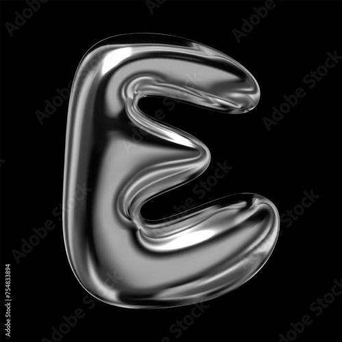 Glossy 3D chrome letter E of English alphabet, Y2K retro futuristic inflated balloon bubble typeface font, fluid liquid metal with shiny surface, vector isolated