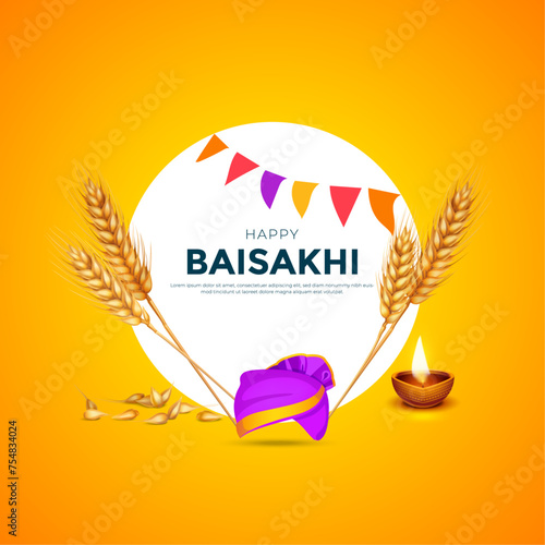 illustration of Happy Vaisakhi Punjabi festival celebration background with wheat, turban, diya. vector illustration.