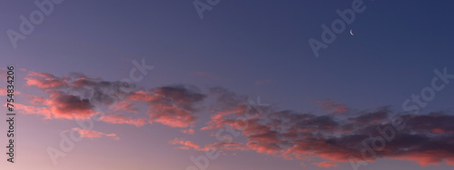 La Luna all’alba resta ancora nel cielo sopra le nuvole rosa  photo