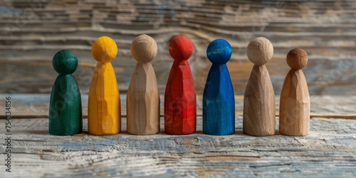 A lineup of painted wooden figurines in various colors on a rustic wooden surface.