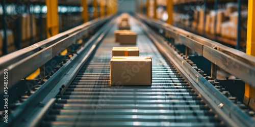 Conveyor belt in a modern warehouse moving parcels, logistic distribution center.