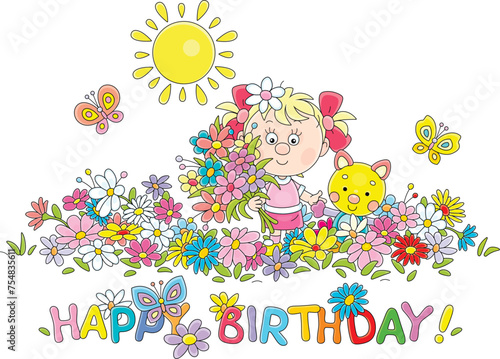 Birthday card with a happy little girl holding a beautiful bouquet among colorful summer flowers and merrily flying butterflies in a pretty garden on a warm sunny day, vector cartoon illustration