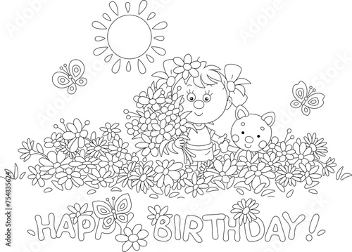 Birthday card with a happy little girl holding a beautiful bouquet among summer flowers and merrily flying butterflies in a pretty garden on a warm sunny day, vector cartoon illustration