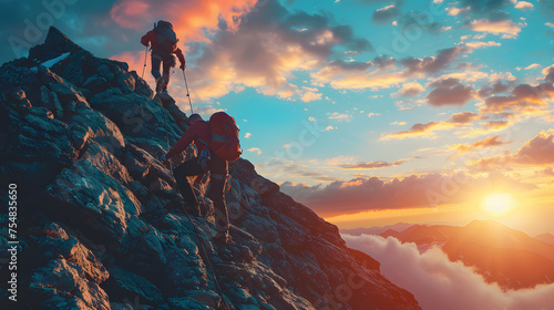 A man and a woman climb a mountain with a beautiful sunset in the background.