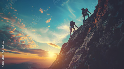A man and a woman climb a mountain with a beautiful sunset in the background. photo