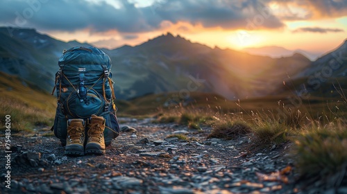 Low angle shot of a backpack and hiking boots at the base of a mountain trail, early morning lighting.