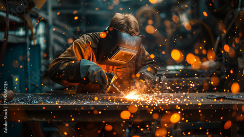 worker doing welding work And a hat is worn to prevent sparks from flying into the eyes. © Gun