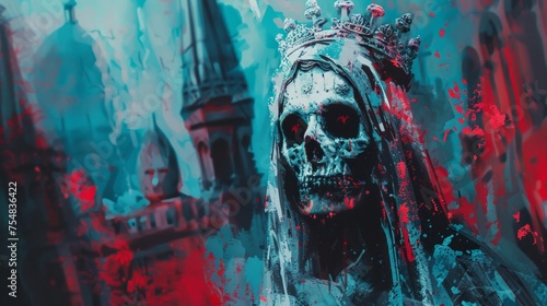Digital art portrait of a skull queen with a glitchy red and cyan effect.