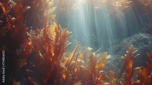 Sunlight streaming through an underwater kelp forest in the ocean.